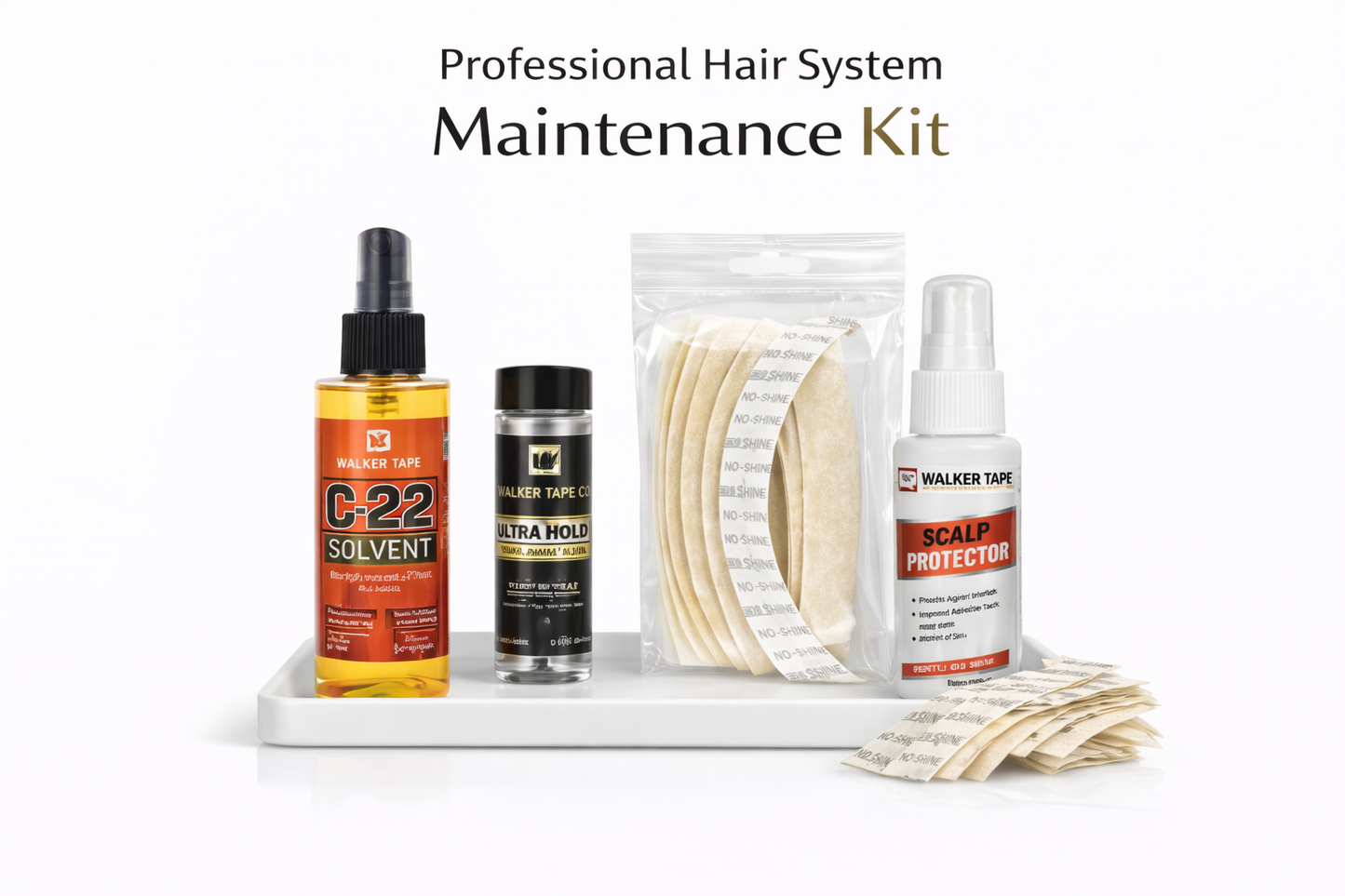 Human hair system maintenance kit with C-22 solvent, tape, glue, and scalp protector